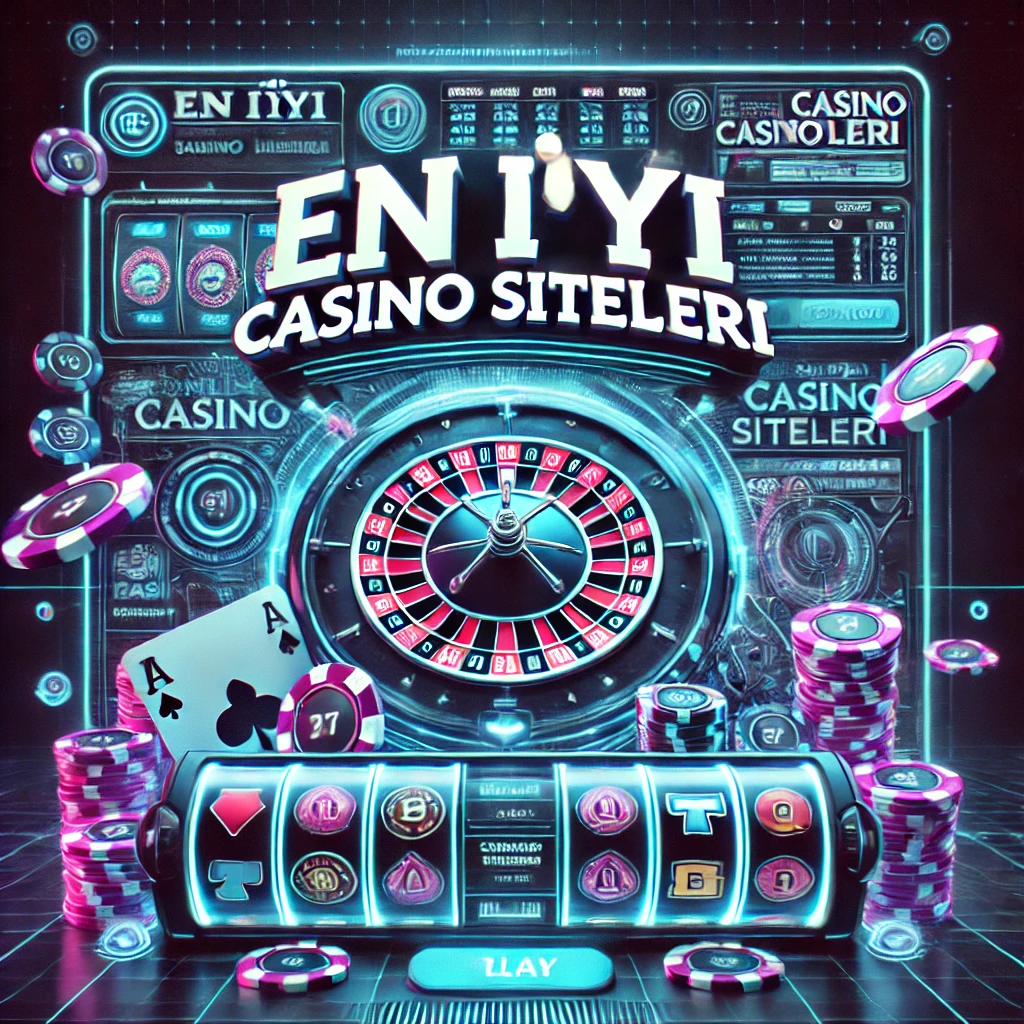 En İyi Casino Siteleri" yazılı, dijital slot makineleri, rulet çarkı ve online casino arayüzü içeren modern casino ortamı.