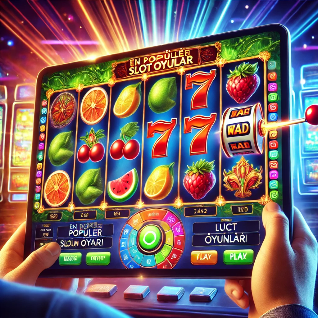 Renkli slot makinesi ekranı, meyve sembolleri, şanslı yediler ve wild simgeleriyle dolu modern bir online slot oyunu.