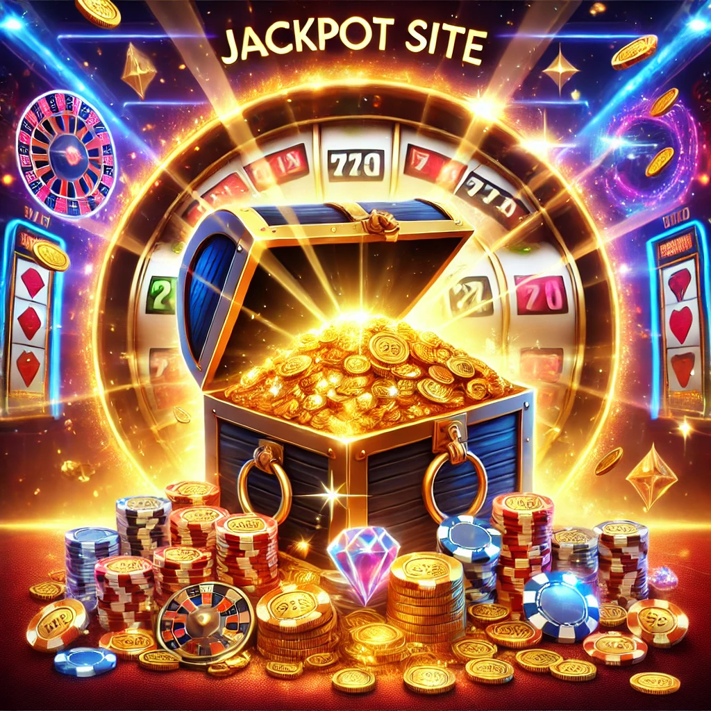 Bir jackpot sitesi teması; altın paralar, elmaslar ve kumar fişleriyle dolu parlak bir hazine sandığı ve arka planda casino öğeleri.